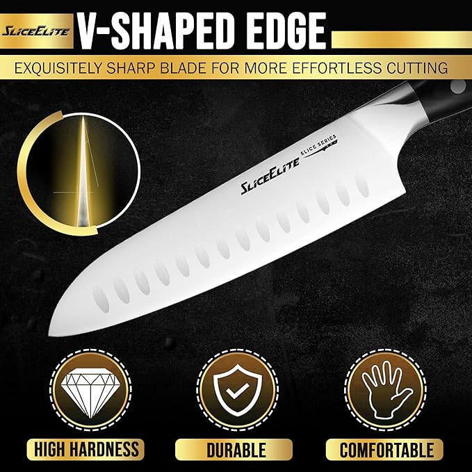 SliceElite Slice Series Santoku Knife 7 Inch High Carbon German Steel Blade Pakkawood Handle Dual Sheaths Kitchen Knife for Meat Cutting Chopping Chefs Cooking Tool Sharp Vegetable BBQ Knife Gift