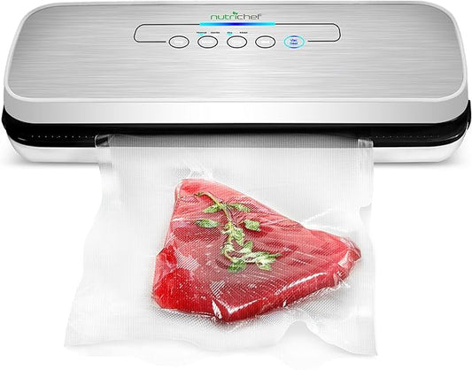 NutriChef Vacuum Sealer Machine – Compact Silver Vacuum Sealing System with Dry & Moist Modes, LED Indicators, Starter Kit & Extra Bags – Ideal for Food Preservation, Meal Prep & Sous Vide Cooking