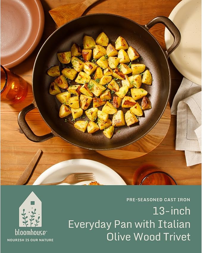 Bloomhouse Natural Bronze Finish 13-Inch Round Cast Iron Everyday Pan – Olive Oil Treated Cooking Surface with Dual Handles & Olive Wood Trivet, Oven, Stovetop & Campfire Safe