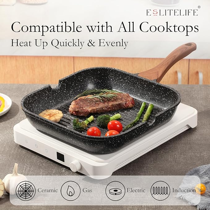 ESLITE LIFE 9.5 Inch Nonstick Grill Pan for Indoor Cooking, Versatile Induction Square Large Grilling Skillet Steak Pan for Stove Tops, PTFE & PFOA Free, Black