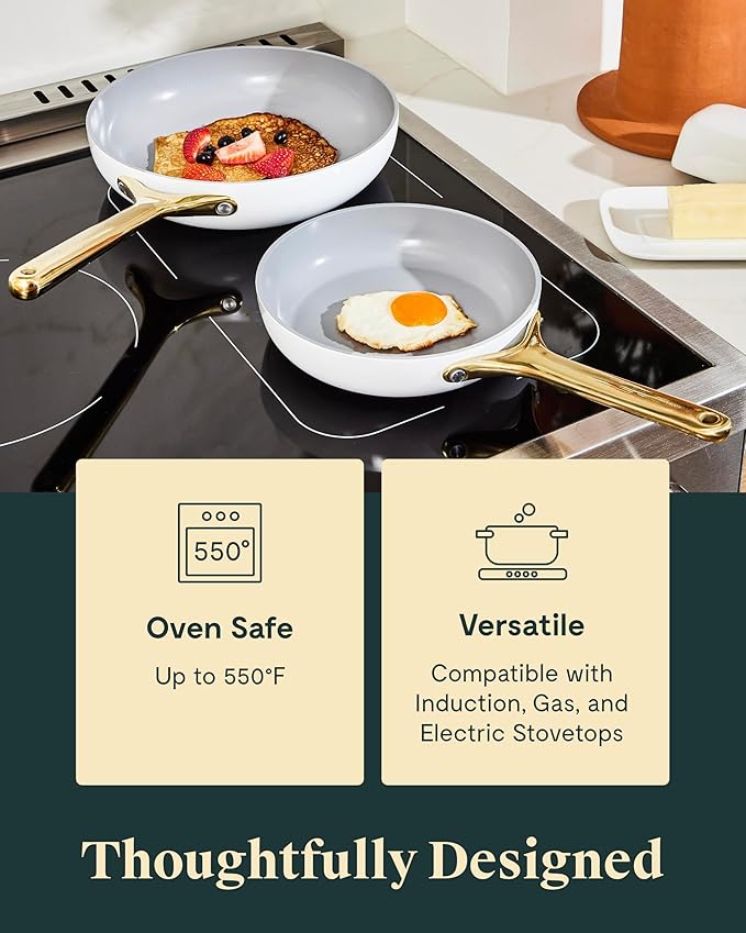 Caraway Ceramic Nonstick Fry Pan Set with Glass Lids – Includes Two 10.5” Fry Pans, One 8” Fry Pan, & Three Lids - Non Toxic, PTFE & PFOA Free - Oven Safe & Compatible with All Stovetops - Black