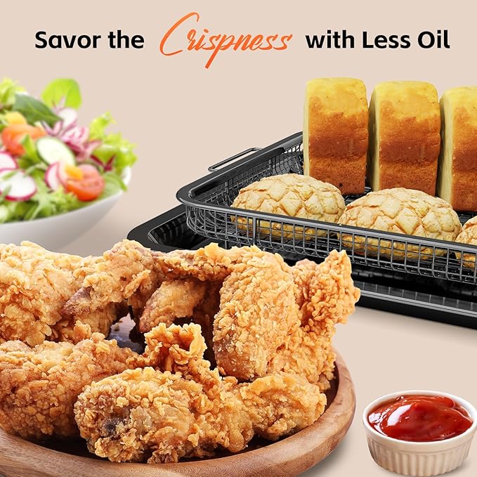Air Fryer Pans for Oven, Oven Air Fryer Basket and Tray with 30 PCS Parchment Papers, DEGOVIN Crisper Tray Non-stick Stainless Steel Air Fry Pans for Convection Oven(15.8" × 11"-Black)