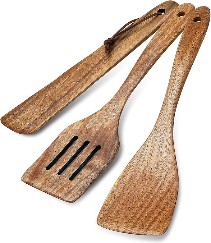 3Pcs Wooden Spatulas, Wooden Spatula for Cooking Long Handle Frying Turner Non-Stick Slotted Spurtle and Wood Scraper for Flipping, Scraping, and Turning, Cooking Utensils Set