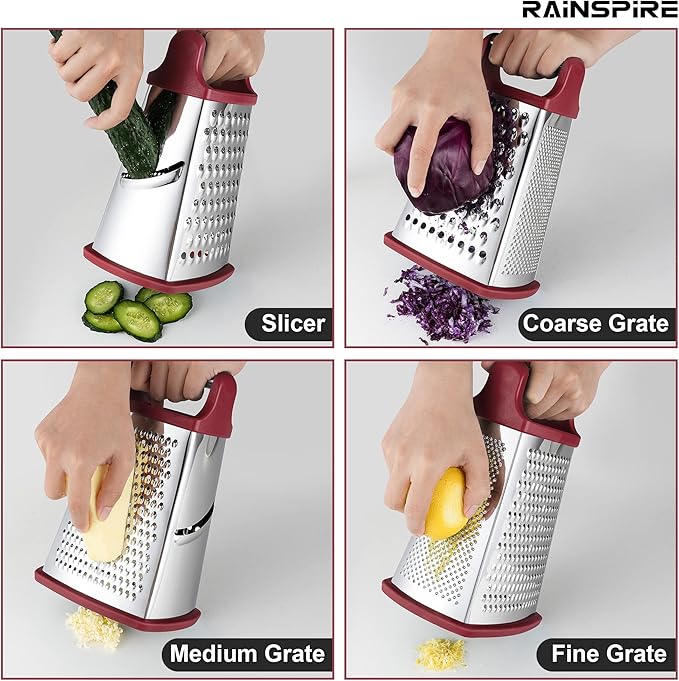 Rainspire Professional Box Grater, Cheese Grater Box for Kitchen Stainless Steel with 4 Sides, Cheese and Spice Graters with Handle for Vegetables, Ginger, Potatoes, Red