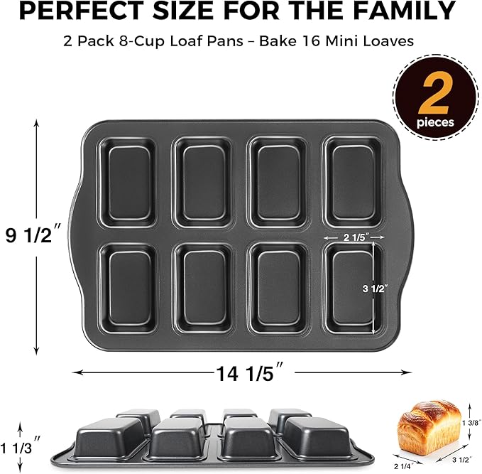 HONGBAKE 2 Pack Mini Loaf Baking Pans 8-Cavity, Nonstick Small Cornbread Pan, Tiny Banana Bread Pan Set, Heavy Duty Brownie TIn, Dark Grey