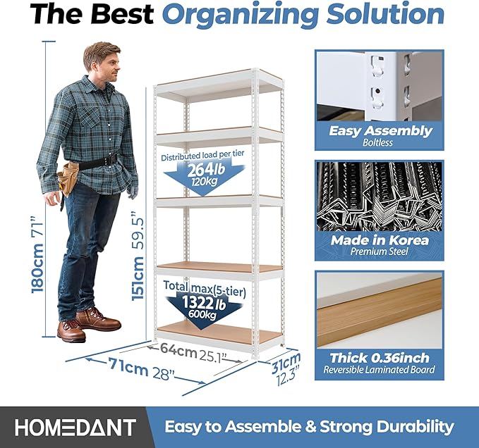 HOMEDANT 5 Tier Laminated White Boltless Metal Shelving Unit Adjustable Garage Storage Utility Rack Heavy Duty Shelves Organization Shelf Warehouse Pantry 28" W x 12.3" D x 59.5" H 10Pack