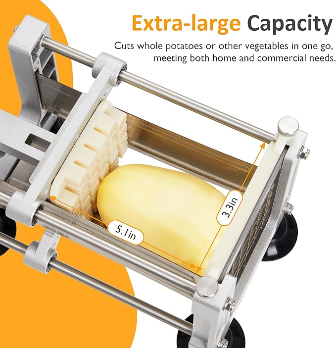 Sunvivi French Fry Cutter Stainless Steel Potato Slicer : with 2 Replaceable blades (1/2 & 3/8 Inch), Professional Fries Cutter for Potatoes, Carrots, Cucumber, Onion, Yam