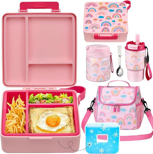 Lunch Box Set with Bento Box Container, 17OZ Stainless Steel Food Soup Thermo, Kids Water Bottle & Portable Insulated Lunch Bag – Leakproof, Hot/Cold Retention for School, Travel(Pink-Rainbow)