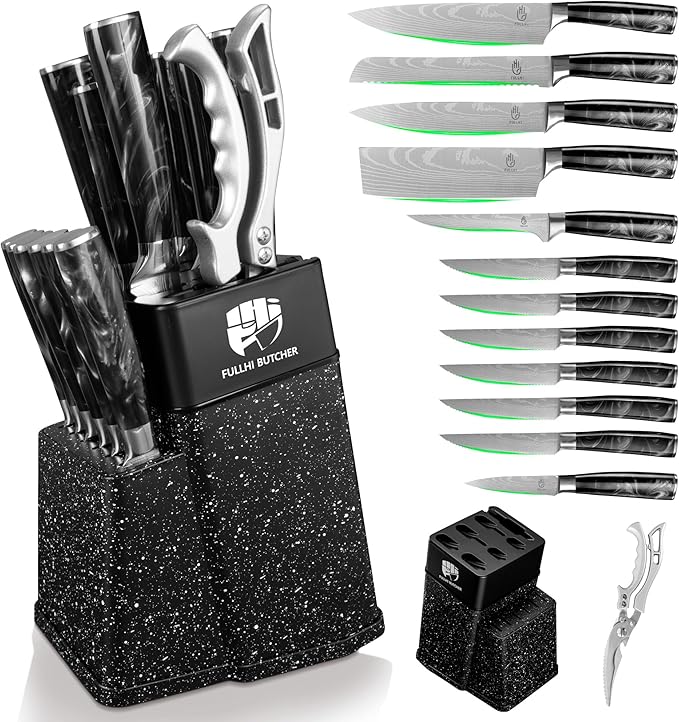 FULLHI 14pcs Block Knife Set, Chef's Knife Steak Knives Set with Block and Sharpener, Kitchen Knife Set, Multi-colour Handle, Gifts for Men Women
