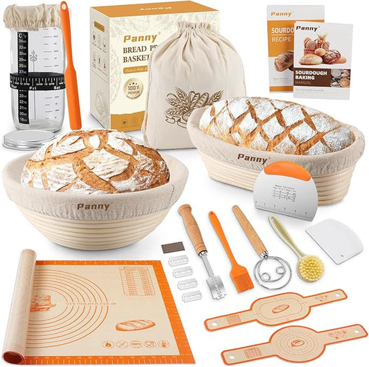 Panny Sourdough Starter Kit, Banneton Bread Proofing Basket with Glass Sour Dough Starter Jar, Sourdough Bread Baking Supplies, Making Tools, 9" Round & 10" Oval Baskets, Christmas Gift for Men Women
