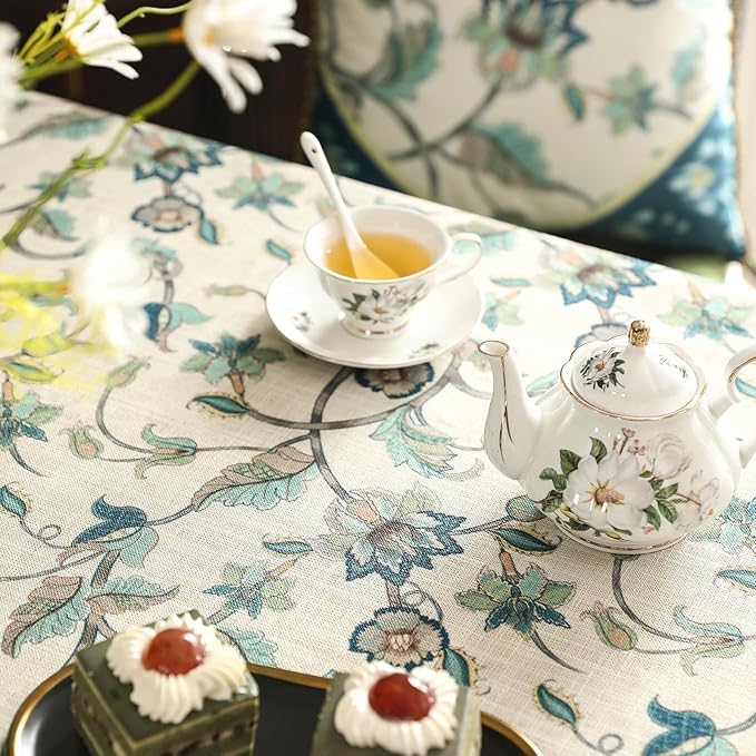 patdrea Designer Green Linen Table Cloth for Rectangle Table,Vintage Floral Pattern Durable Tablecloth,French Cover Decor for Kitchen Dining,Christmas,Thanksgiving,Tea Party,63"x87"-Noah