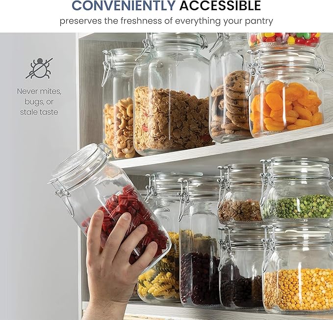 Bormioli Rocco Fido Glass Jars - 50.75 oz Large Airtight Container with Clamp Lids & Rubber Seals, BPA-Free Glass Canisters for Pantry Display, Decorative Kitchen Storage, Events & Weddings (Set of 2)