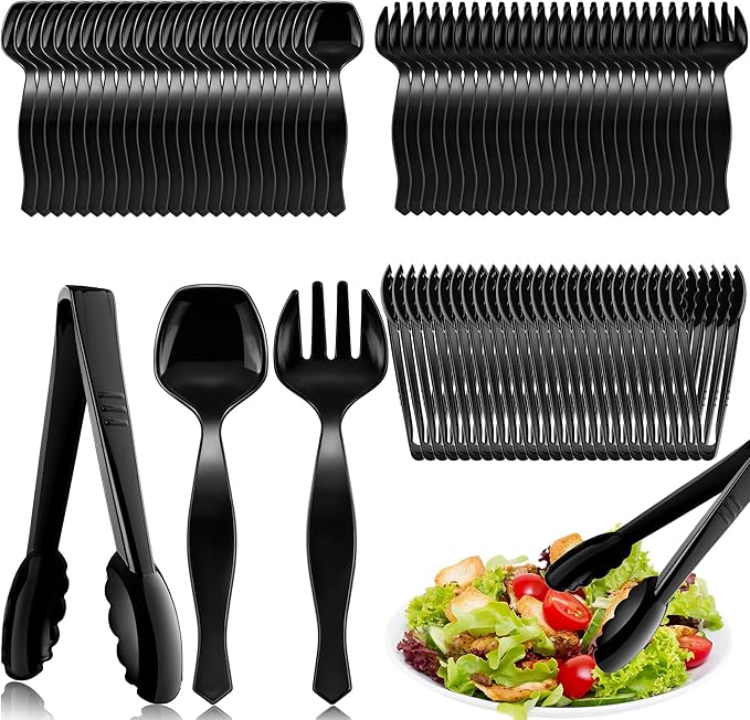 72 Pcs Plastic Serving Utensils Set 9'' Large Disposable Serving Spoons Forks and Tongs for Serving Food Heavy Duty Black Party Utensils Supplies for Buffet Restaurant Picnic Dinner Salad Noodles Soup