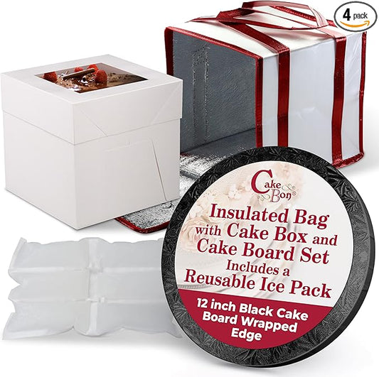 Cakebon Cake Box and Boards, 12-Inch Round Black Wrapped Edges 1/2- Inch Thick Drums with Insulated Bag and Ice Pack – Cake Transport Set, Cooler for Cake Delivery and Transport (1pc Each, 4pcs Total)