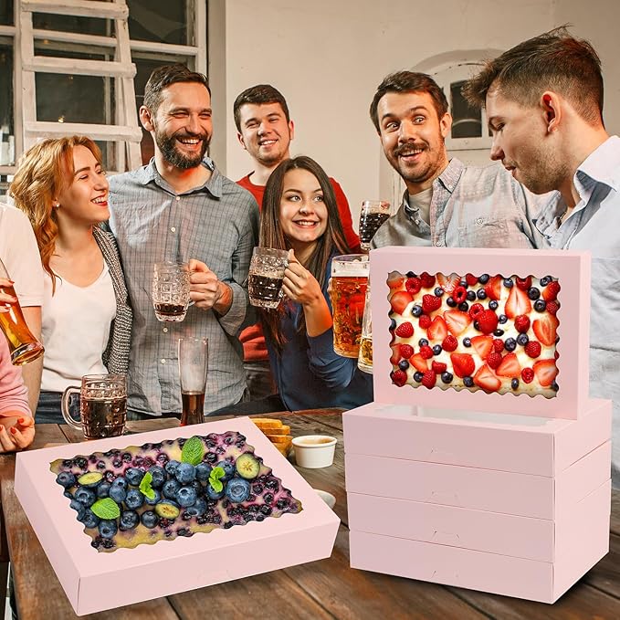 Cookie Boxes,14x10x2.5 Inch Large Bakery Boxes with Window for Pies Chocolate Strawberries Muffins Donuts Pastry Dessert Christmas(Pink, 14 * 10 * 2.5inch/24pcs)