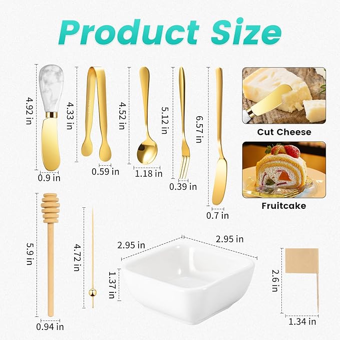 Charcuterie Board Accessories With 3 Oz Ceramic Dip Bowls, Ceramics Handle Gold Cheese Spreader Butter Knive Set Kit, Mini Tongs, Spoons, Forks,Honey Dipper, Cocktail Picks