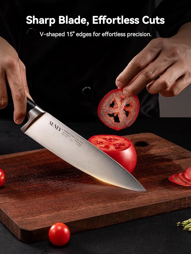 SUNLY 8 Inch Chef Knife, Professional Kitchen Knife Made of German High Carbon Stainless Steel, 58±2 HRC, Ultra Sharp Cooking Knife with Ergonomic ABS Handle, DIN 1.4116 for Home & Restaurant