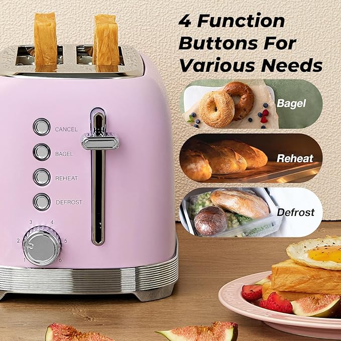 Toaster 2 Slice Retro Stainless Steel with 1.5” Extra Wide Slots Bagel, Defrost, Reheat, Cancel Functions, 6 Bread Shade Settings, Removable Crumb Tray, Purplish Pink