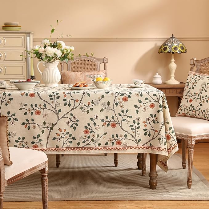 ISAENNE Designer Floral Extra Long Rectangle Tablecloth,French Linen Light Beige Indoor Table Cloth,Fall Wrinkle Resistant Decor Tablecloths for Dining Thanksgiving Kitchen,67"*118"-Flora A