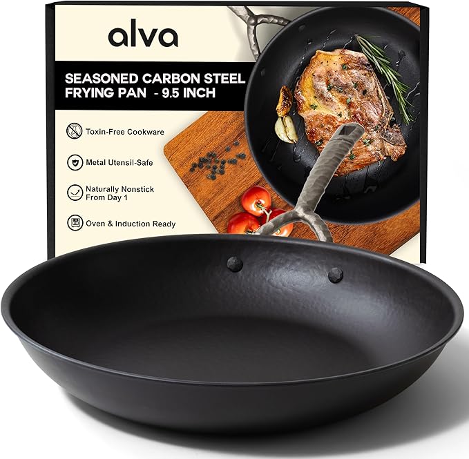 Alva 9.5” Carbon Steel Frying Pan – Naturally Nonstick, Made without PTFE, PFOA, & PFAS, Oven & Induction Safe, Chef-Grade Heat Control, Built to Last a Lifetime, Designed in Belgium