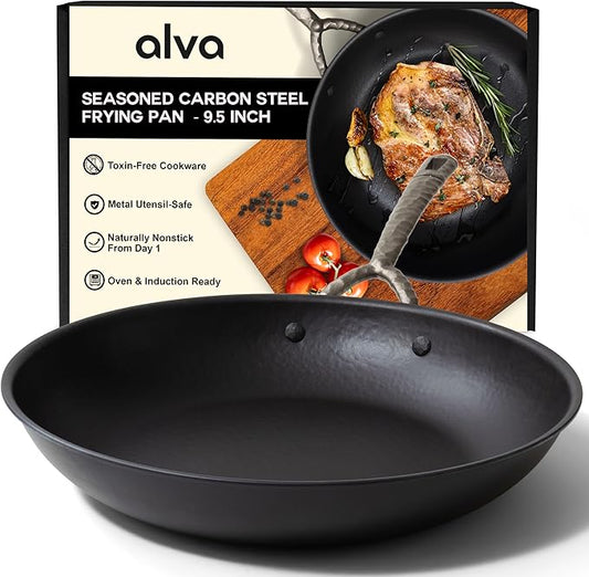 Alva 9.5” Carbon Steel Frying Pan – Naturally Nonstick, Made without PTFE, PFOA, & PFAS, Oven & Induction Safe, Chef-Grade Heat Control, Built to Last a Lifetime, Designed in Belgium