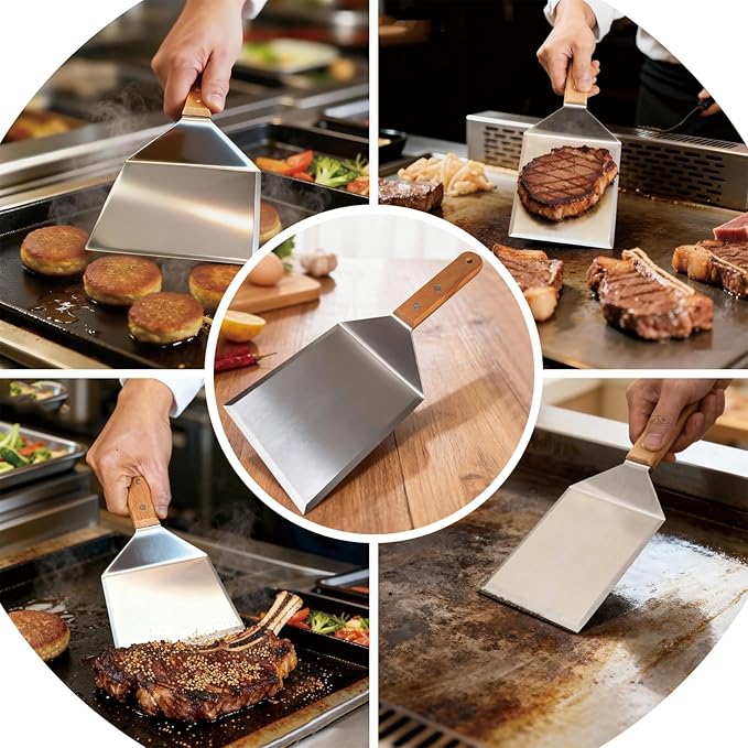 Smash Burger Spatula, Premium Large Meta Spatula - 6x5 inch Extra Wide Spatulas for Griddles & Grills, Steel Heavy Duty, Wooden Handle （1pcs）