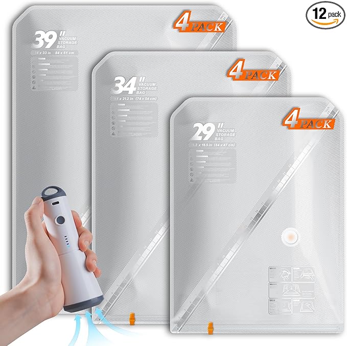 Vacuum Seal Bags for Clothing with Rechargeable Cordless Pump, 12 Pack Compression Packing Bags, Space Saver Storage for Seasonal Clothes Bedding Blanket Pillows Comforters Luggage Travel