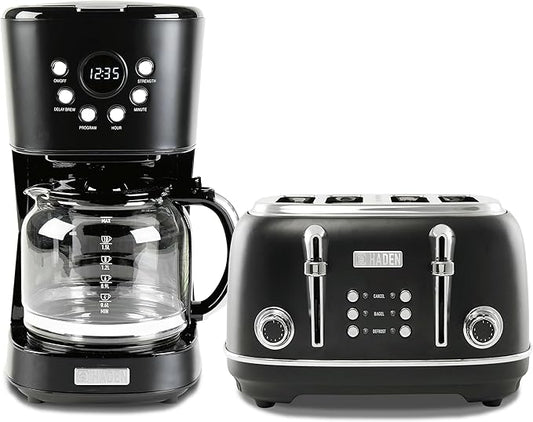 Haden Heritage 4 Slice Wide Slot Stainless Steel Toaster Bundled with 12 Cup Programmable Drip Coffee Maker Coffee Machine, Black & Chrome