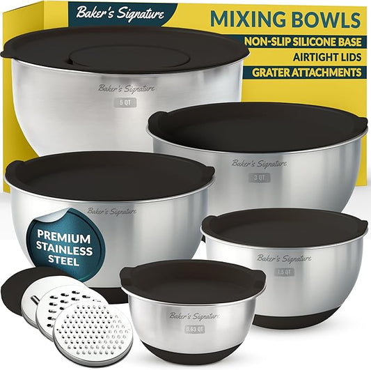 Baker's Signature Stainless Steel Mixing Bowls with Lids Set, 5 Sizes, 3 Graters, Non-Slip Base, Airtight Lids, Metal Mixing Bowls for Kitchen, Food Prep, Storage, 0.63QT-5QT, Black