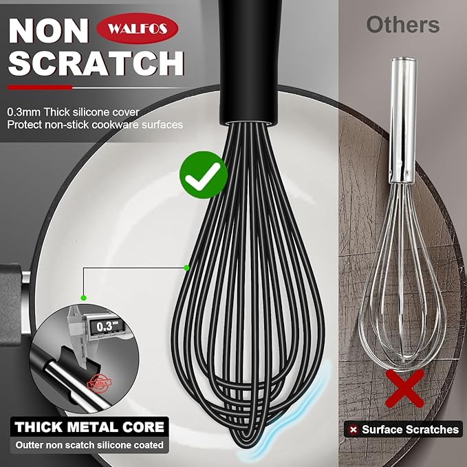 Walfos Whisk,Silicone Whisk Set of 4 Non-Scratch Silicone Coated Whisks for cooking.BPA Free and Dishwasher Safe 5+7+9+11in wisk Nice for Blending Beating Stirring and Mixing (Black）