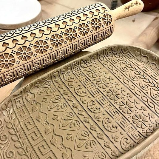 GREEK Embossing Rolling Pin. Laser Engraved Dough Roller with Cgreek Pattern for Embossed Cookies or Pottery by Algis Crafts
