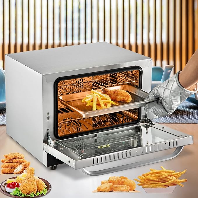 VEVOR Commercial Convection Oven, 21L/19Qt, Quarter-Size Conventional Oven Countertop, 1440W 3-Tier Toaster w/Front Glass Door, Electric Baking Oven w/Trays Wire Racks Clip Gloves, 120V