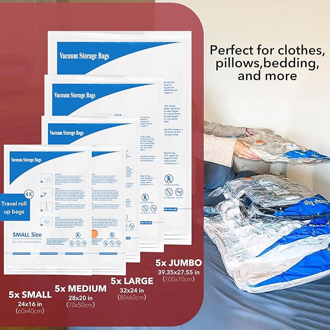Vacuum Storage Bags with Electric Air Pump 24 Combo (5 Jumbo/5 Large/5 Medium/5 Small/4 Roll), Plastic Packaging Bags,Space Saver Sealer Bags for Clothes, Pillows, Comforters, Blankets, Bedding