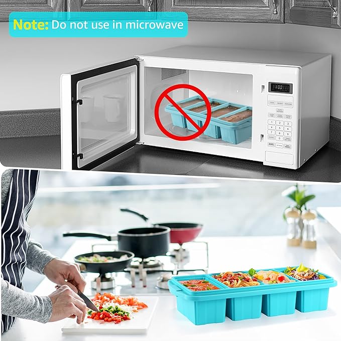 Silicone Freezer Tray With Lid - Silicone Freezer Food Molds- Large Ice Cube Tray,Silicone Freezer Container,Freeze & Store Soup, Sauce, Broth,Leftovers - Makes 4 Perfect 1 Cup