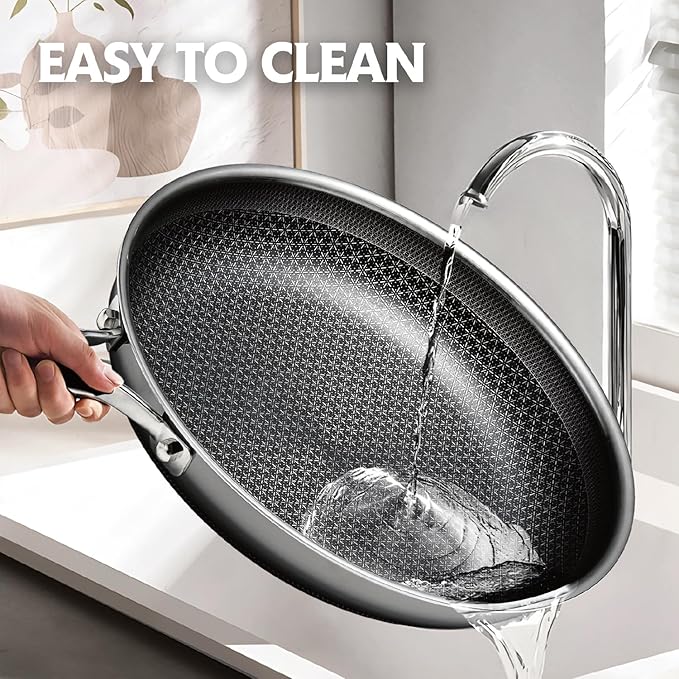 Frying Pan, 12 Inch Hybrid Non Stick Stainless Steel Skillets, Dishwasher Induction Oven Broiler Safe, Non Toxic Chef's Pan, PFOA Free Cookware