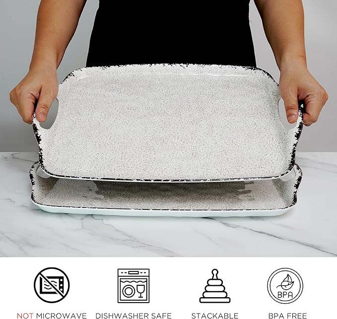 TP Serving Trays with Handles, 19 Inche Large Rectangular Melamine Serving Platter Set of 2, Rustic White