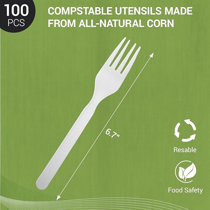 Compostable Froks [100Pcs] Heavy Duty Forks Disposable Utensils, BPA-Free, Heat Resistant, CPLA Disposable Forks, BPI Certified CPLA Disposable Cutlery for Party, Office & Picnic
