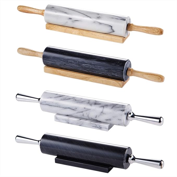 JEmarble Rolling Pin-Wooden Handles(White)(Premium Quality) Polished Surface 18-inch(10"Barrel) Genuine Stone Non-stick Save Effort Easy to Clean
