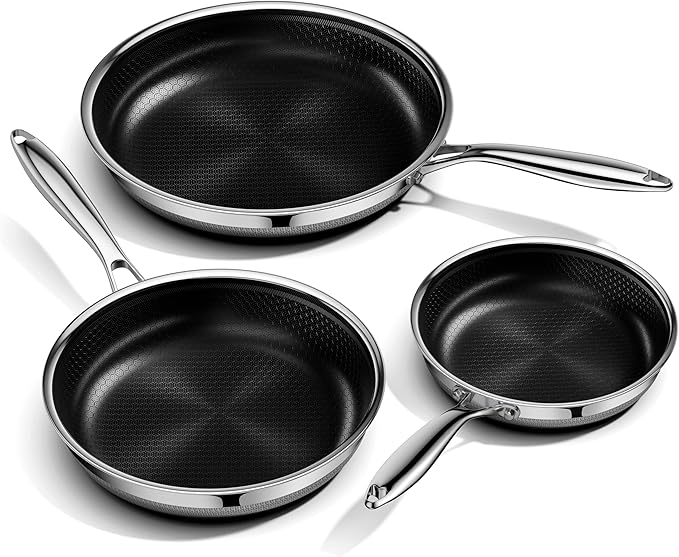 Innerwell Nonstick Frying Pan Set,8 Inch&9.5 Inch&11 Inch Tri-Ply Hybrid Stainless Steel Ceramic Frying Pans Kitchen Cooking Pan Skillet 3 Piece PFAS/PFOA/PTFE Free,Dishwasher & Oven Safe