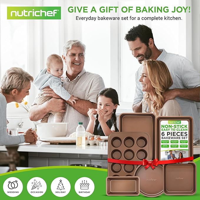 NutriChef 6-Piece Nonstick Bakeware Set, Carbon Steel Baking Pans Set, Includes Cookie Sheets, Wide & Square Bake Pans, Bread Loaf & Round Cake Pan, Muffin Pan - Gold