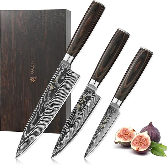 Wakoli ESE 3-Piece Damascus Knife Set – Professional Chef’s Knives | 67-Layer VG10 Core Steel | Ergonomic Pakkawood Handles | Premium Kitchen Knives in Wooden Gift Box