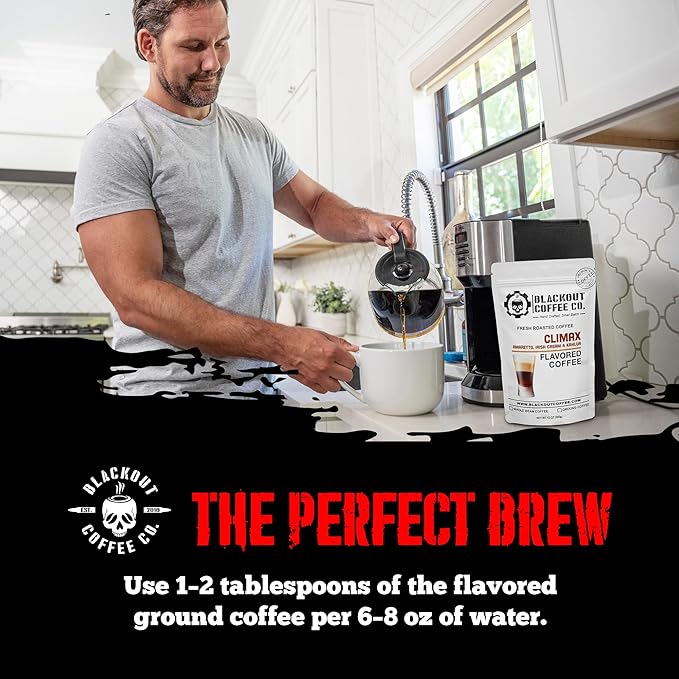 Blackout Coffee Climax Amaretto, Irish Cream & Kahlua Flavored Ground Coffee – Medium Roast, Smooth Taste, Guilt-Free Indulgence – Freshly Roasted 12oz Bag, American Made