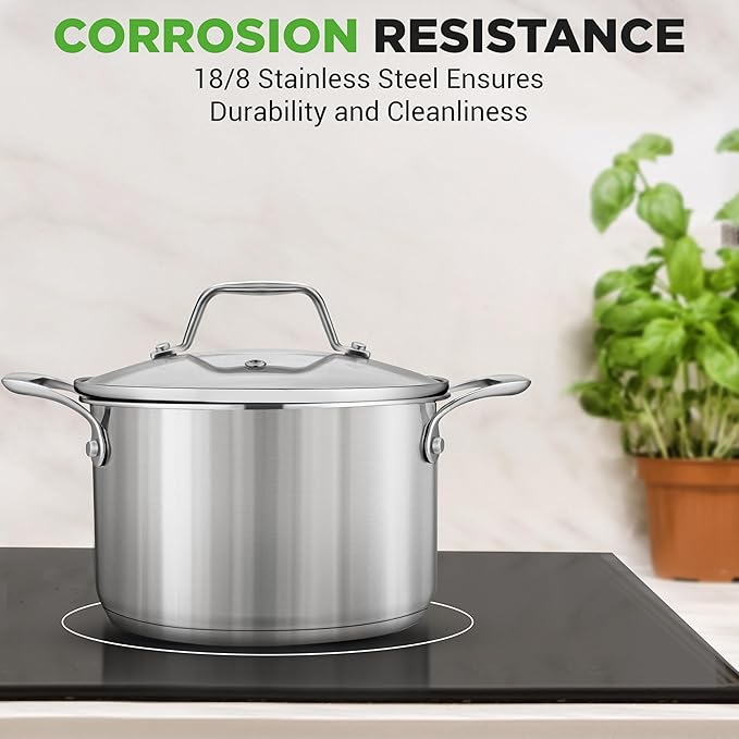 NutriChef 3-Quart Stainless Steel Pot with Glass Lid - 18/8 Food Grade Heavy Duty Cookware Stockpot for Stews, Simmering & Soups, Dishwasher Safe, For Induction, Gas & Ceramic Cooktops - NCSP3