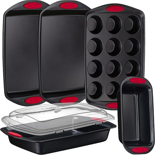 NutriChef 6-Piece Baking Pan Set - Carbon Steel Stackable Bakeware with Red Silicone Handles & Nonstick Coating, Includes Cookie Sheets, Roaster Pan with Lid, Loaf Pan, and 12 Cup Muffin Pan (Black)