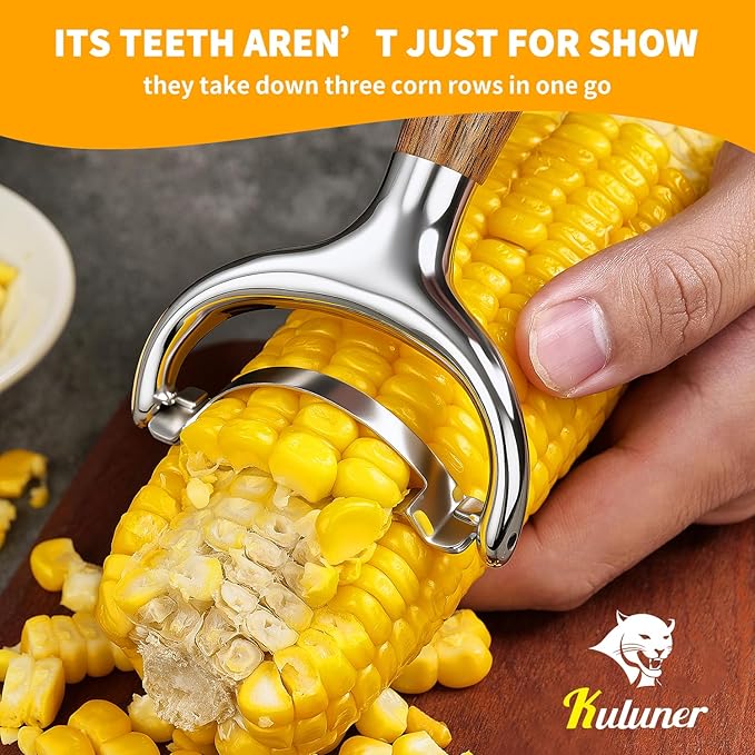 KULUNER Durable Stainless Steel Corn Peeler with Polished Wood Handle Corn on the Cob Stripper Kernel Remover Easy Use Corn Kernel Cutter Kitchen Gadget（Merbau）