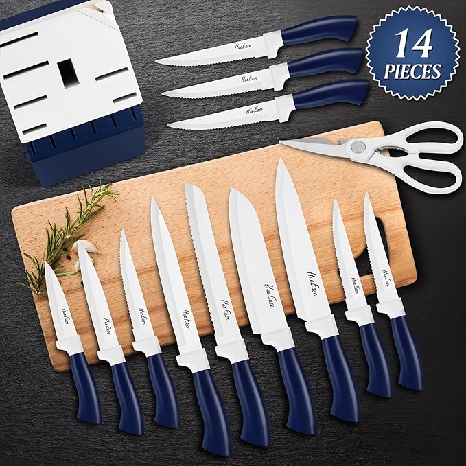 Kitchen Knife Set with Block and Build-In Sharpener,14-Piece German High Carbon Stainless Steel Knives Sharp Blade, Dishwasher Safe (14pcs-blue with white ceramic coating)