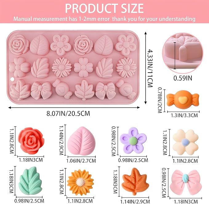 2PCS Silicone Flower Molds,Flower Chocolate Mold,Rose Leaf Tulip Daisy Bow Tie Candy Molds Silicone Gummy Jello Ice Cube Baking Soap Pudding Cookie Molds for Desserts Making,Cupcake Toppers,Cake Decor