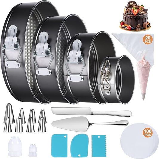 139PCS Springform Cake Pan Set - 4 Non-stick Cheesecake Pans(4/7/9/10-Inch) + Cake Decorating Supplies: Parchment Paper, Pastry Bags and Tips, Icing Scrapers, Cake Cutting Set & More!