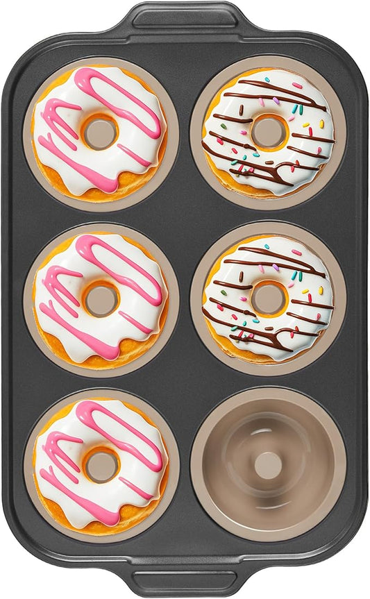 BRONYPRO Silicone Donut Pan for Baking with Metal Frame, 3.35 Inch Large doughnut pan,donut molds for baking Nonstick Non Toxic Bakeware for Oven, Brown