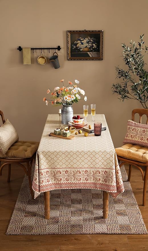 ISAENNE Designer Linen Floral Extra Long Rectangle Tablecloth,Pale Yellow Farmhouse Indoor Table Cloth,Durable Decor Tablecloths for Dining Kitchen Thanksgiving,67"*118"-Chamonix A